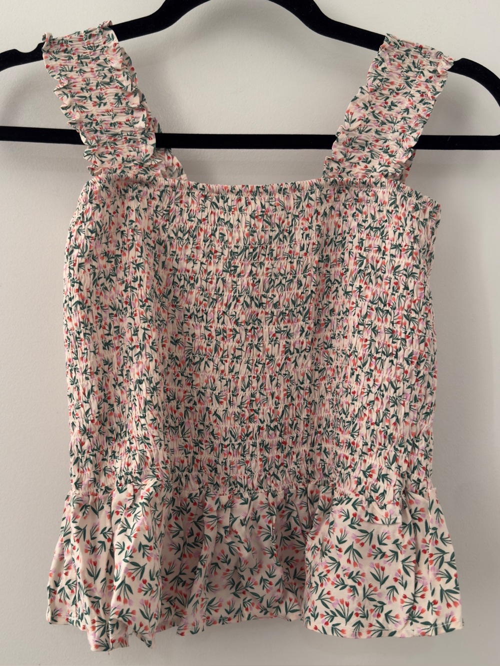 AQUA Floral Smocked Shirt Blouse Top Peplum Size Small S Bloomingdale’s Ruffle